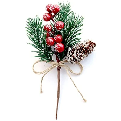 Image of Knadgbft Red Berry Stems Pine Branches Evergreen Christmas Berries Decor 8 PCS Artificial Cones Branch Craft Wreath Pick