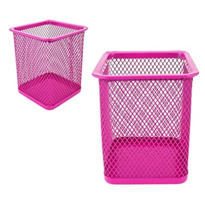 Image of LEVIATAN Pack of 2 Metal square pen holder, cube made wire metal, mesh multifunctional cup for ballpoint pen, pink