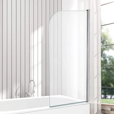Image of VeeBath Bath Shower Screen, Curved Edge Pivot Enclosure Reversible Toughened Glass Bathtub Door 1400x800mm, Chrome