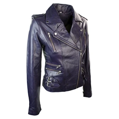 Image of Womens Ladies Real Soft Leather Racing Style Biker Jacket Purple
