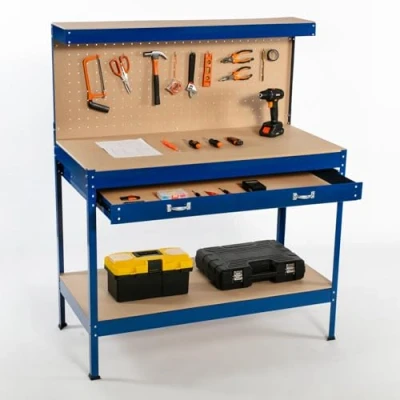 Image of SwitZer New Blue Steel Garage Tool Box Toolbox Work Bench Workbench Storage With Drawers Pegboard and 12 Pegs Shelf DIY Workshop Station