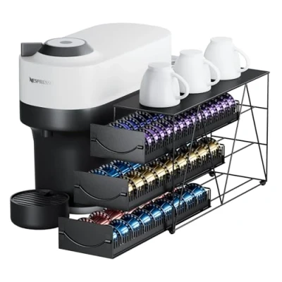 Image of HFHOME Coffee Pod Holder Drawer for 66 Nespresso Vertuo Pods, 3 Tier Organizer, Metal Capsules Storage Stand with Sliding Drawers K Cup Home Kitchen Cafe Counter, Black