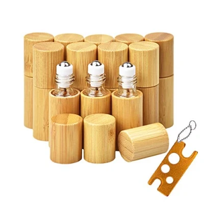 Image of 12Pcs 5ml Bamboo Roll on Bottles for Essential Oils, Portable Massage Oil Bottle Clear Inner with Stainless Steel Roller Ball, Eco Friendly Travel Perfumes Sample Lip Gloss Container (1 Opener)…