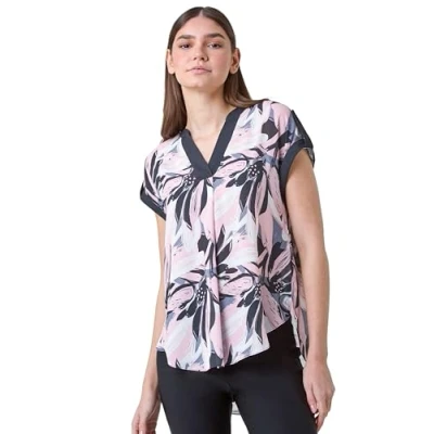 Image of Roman Womens Abstract Floral Print Contrast Trim Top Pink Size 20 UK