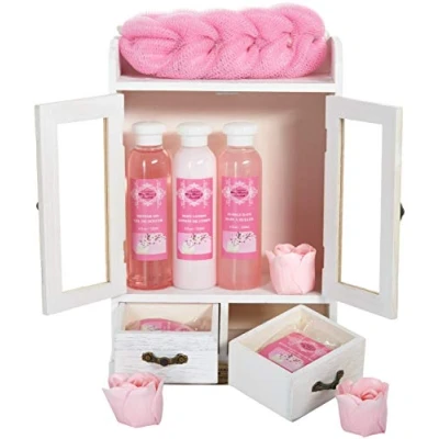 Image of BRUBAKER Cosmetics Bath and Body Gift Set Cherry Blossoms &amp; Rice Milk Vegan Spa in Wooden Cabinet Vintage White (10 PCS.)