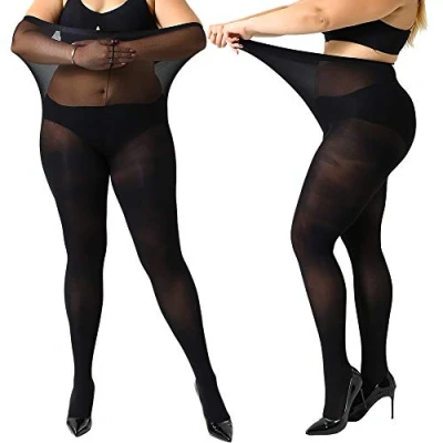 Image of MANZI Women&#039;s 2 Pairs Plus Size Control Top Ultra Soft Tights（Black,2 Pairs,XXXXL）