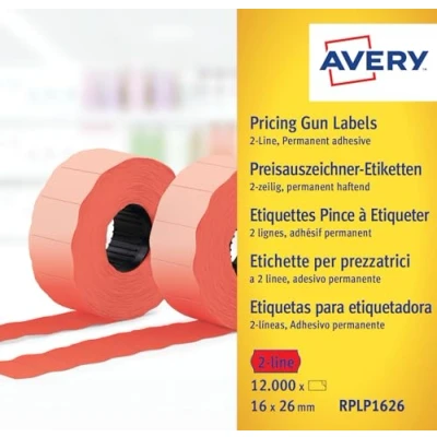 Image of Avery Zweckform RPLP1626 Price Gun Labels 2 Lines 16 x 26 MM 10 Rolls / 12,000 Red