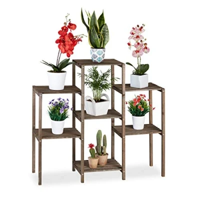 Image of Relaxdays Wooden Flower Ladder Rack, Shabby Look, Indoor Use, Freestanding, Plant Stand, 7 Shelves, 86x95x29 cm, Brown