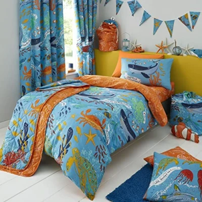 Image of Happy Linen Company Girls Boys Kids Ocean Friends Sealife Blue Double Reversible Duvet Cover Bedding Set