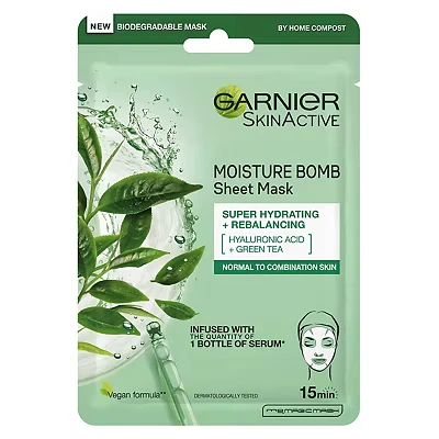 Image of Garnier Moisture Bomb Green Tea and Hyaluronic Acid Sheet Mask, Hydrating &amp; Rebalancing Face For Sensitive Skin, Biodegradable Vegan Tissue, 28g