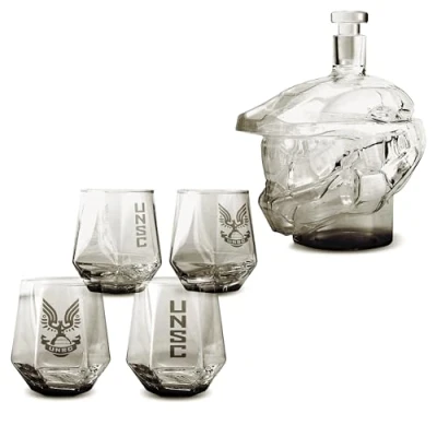 Image of Halo Infinite Master Chief Helmet Shaped Glass Decanter and 4 UNSC Drinking Glasses Set