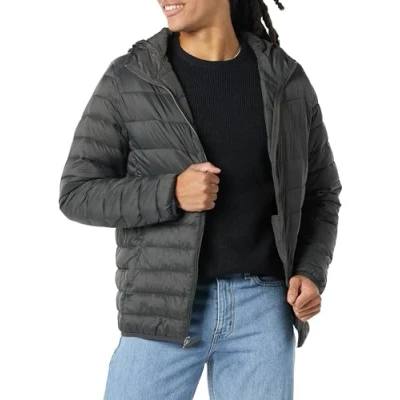 Image of Amazon Essentials Men&#039;s Lightweight Water Resistant Packable Hooded Puffer Jacket, Dark Grey, S