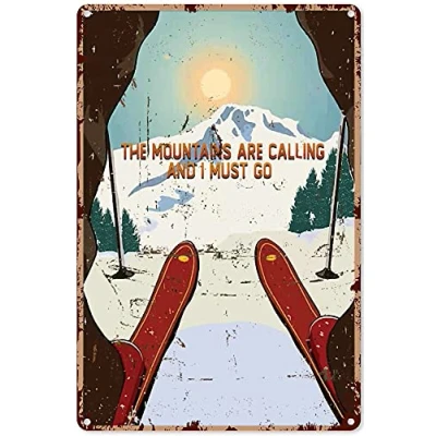 Image of Vintage Metal Signs Ski The Mountains are Calling Skiing Sign Decor Tin Aluminum Rustic Wall Art Poster 8x12 inch