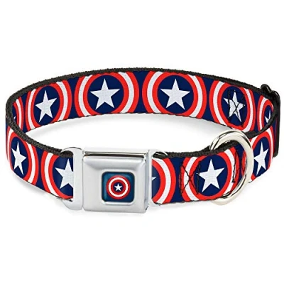 Image of Buckle Down Seatbelt Dog Collar CAPTAIN AMERICA w/Action Pose Weathered Blue 1&quot; Wide Fits 15 26&quot; Neck Large