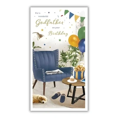 Image of Godfather Birthday Card Wonderful Puppy Dog and Balloons Design Special Finishes Illustrated Insert Leaf Made in the UK