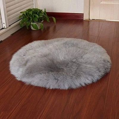 Image of HEQUN Circular Faux Fur Sheepskin Style Rug Fleece Chair Cover Seat Pad Soft Fluffy Shaggy Area Rugs For Bedroom Sofa Floor (Grey, 45 X 45CM)
