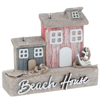 Image of Shudehill Giftware Sandy Bay Standing Beach House Ornament Decoration Rustic Themed Design with Lighthouse, Anchor, Log and More (Two Houses)