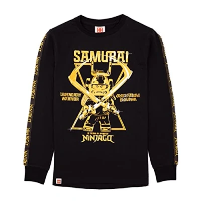 Image of LEGO Ninjago T Shirt for Boys Kids Samurai Black Long Sleeve Top Gold Warrior Figures Superhero Series 8 Years