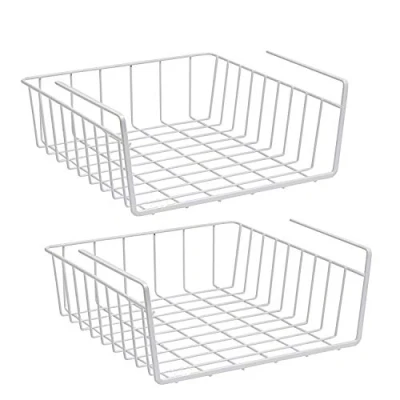 Image of 2Pcs Hanging Basket Storage, Under Shelf Metal Wire Storage Organizer for Kitchen, Office, Pantry, Bathroom, Cabinet (White)