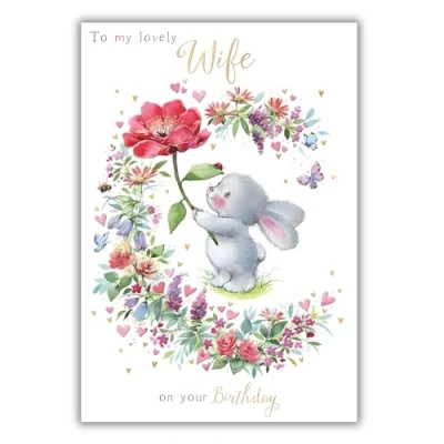 Image of Wife Birthday Card Lovely Bunny Rabbit and Flowers Artistic Floral Design Special Finishes Eco Friendly