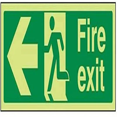 Image of V Safety Glow In The Dark Fire Exit Arrow Left Sign 450mm x 150mm Self Adhesive Vinyl