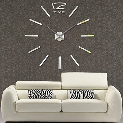 Image of FAS1 Modern DIY Large Wall Clock Big Watch Decal 3D Stickers Mirror Effect Acrylic Home Office Decoration for Living Room Silver (Battery NOT Included)