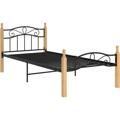 Image of vidaXL Bed Frame without Mattress Black Metal&amp;Solid Oak Wood 90x200 cm