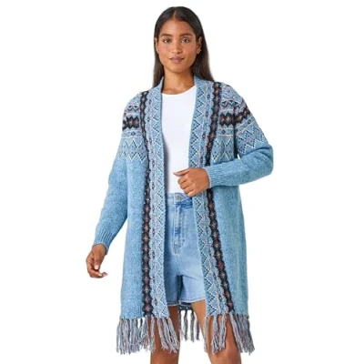 Image of Roman Originals Women Cardigan Ladies Longline Coatigan Tassel Open Front Cardi Winter Autumn Casual Textured Edge to Yarn Patterned Comfy Work Going Out Light Blue Size 16