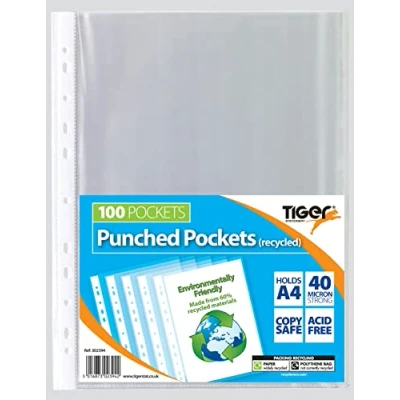 Image of Tiger Recycled 40 Micron 100 Punched Pockets for Ring Binder File Office Home School Use