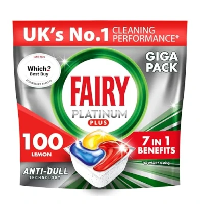 Image of Fairy Platinum Plus All In One Dishwasher Tablets Bulk, Plus, Lemon, 100 (20 x 5), Dish Washing