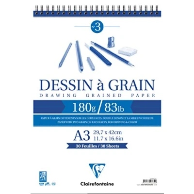 Image of Clairefontaine Ref 96630C White Grained Drawing Wirebound Paper Pad (30 Sheets) A3 Sized, 180gsm Paper, &amp; Acid Free, pH Neutral