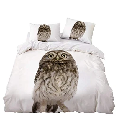 Image of Sticker Superb. Animal 3D Bedding Set Soft Microfiber Polyester Zipper Duvet Cover with Pillowcase 50x75 cm Boy Girl Quilt Single Double King Size, Grey White Owl (Gray,Double 200x200 cm)