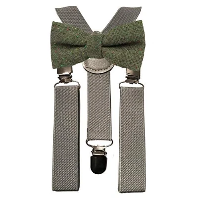 Image of Children&#039;s Kids Boys Wool Pre Tied and Adjustable Bow Tie &amp; Grey Braces Set (Olive Green) suitable for formalwear, weddings, parties, pageboy outfits