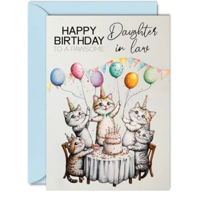 Image of Daughter in Law Birthday Card Pawsome Party Cats Balloons Happy for from Father Dad Mother Mum, 5x7 Inch Female Cat Bday Greeting Cards