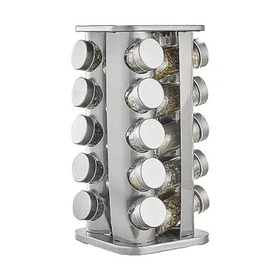 Image of VR7 Stainless Steel 360 Rotatable Spice Rack &amp; 20 Jars With Lids and Labels Free Standing Kitchen Spices Rotating Organiser Spinning Large Revolving Carousel Glass Holder