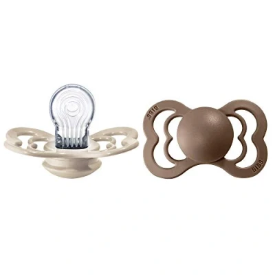 Image of BIBS Supreme Soother 2 Pack, BPA Free Dummy Pacifier, Symmetrical Nipple. Silicone, Size (6 18 Months), Vanilla/Dark Oak