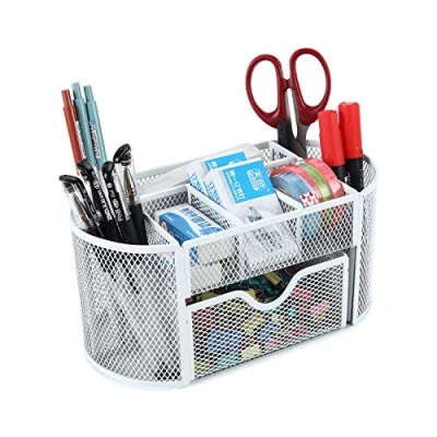 Image of EasyPAG Office Mesh Desk Tidy Versatile Stationery Storage Desktop Organiser Pen Holder with Drawer,White