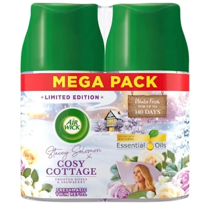 Image of Air Wick Cosy Cottage Frosted Roses &amp; SnowberryFreshmatic Max Twin Refill 2 x 250ml Pack of 1 Infused with Natural Essential Oils