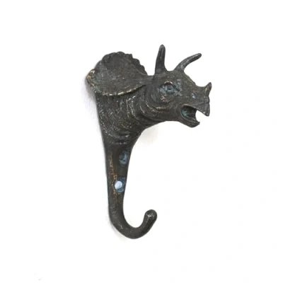 Image of Fyne Finds Animal Dinosaur Shaped Metal Vintage Hook Leads Coat Keys Hat Wall Mounted Hanger Kids Boys (Triceratops Pewter)