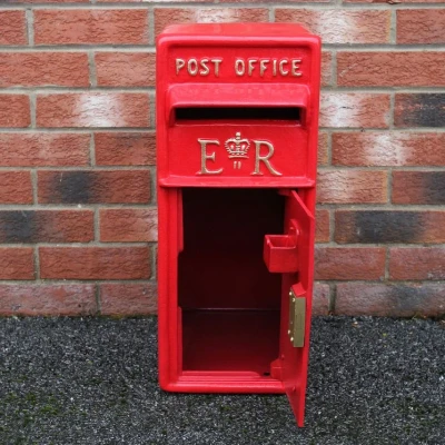 Image of Royal Mail Post Box with Floor Stand ER Cast Iron Wall Mounted Wedding Authentic Pillar Replica Lockable Office Letter Red
