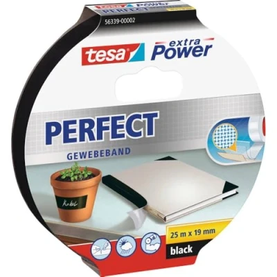 Image of tesa UK Extra Power Perfect Cloth Tape Fabric Reinforced Repairing for Crafting, Repairing, Fastening, Reinforcing and Labelling Black 25 m x 19 mm, Clear