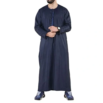 Image of Mens Thobe Jubba Islamic Clothing Muslim Kaftan Emirati Omani Robe Arab Tassel Navy M 54