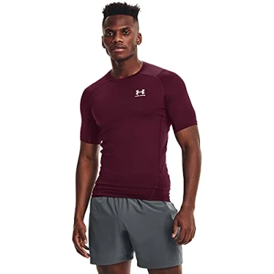 Image of Under Armour Men&#039;s HeatGear Compression Short Sleeve T Shirt, Maroon (609)/White, M Long