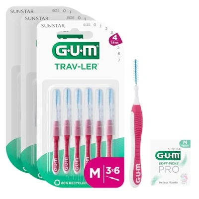 Image of GUM TRAV LER interdental Brushes for Thorough Cleaning of All Spaces Bendable Neck Teeth and Plaque Removal (1.4mm, ISO 4 [18 Units])