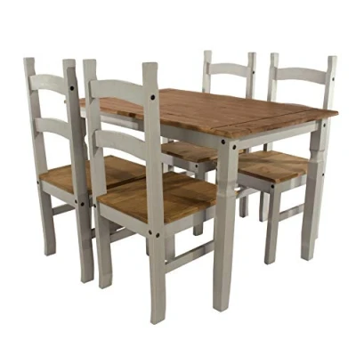 Image of Home Source Corona Kitchen Dining, Solid Pine 118cm Rectangular Table with Matching, Grey, 4 Chair Set