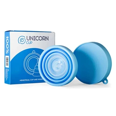 Image of Unicorn Cup Foldable Menstrual &amp; Sterilizer/Carry Case (Blue), Use for up to 12 hours, Light/Medium/Heavy Flow, Super Soft 100% Medical Grade Silicone, Reusable
