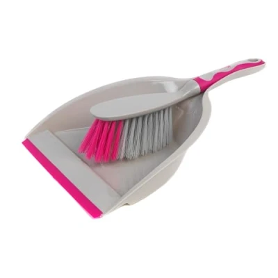 Image of Kleeneze KL062390EU Deluxe Handheld Dustpan &amp; Brush Set Sweeping Broom with Soft Grip Handle, Compact Rubber Lip, Perfect for Dust and Dirt, Ideal Most Hard Surfaces, Grey/Pink