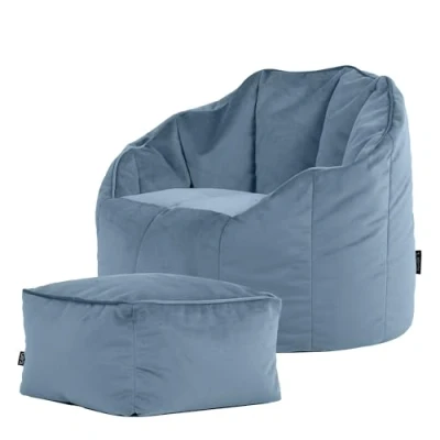 Image of icon Sirena Bean Bag Chair and Footstool, Mineral Blue, Velvet Floor Chair, Adult with Filling Included, Lounge Bedroom Accent