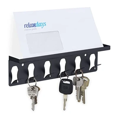 Image of Relaxdays Key Rack with 6 Hooks and Shelves, Modern Design, 7 x 24.5 5 cm, Steel, Black, Alloy, 7x24,5x5 cm