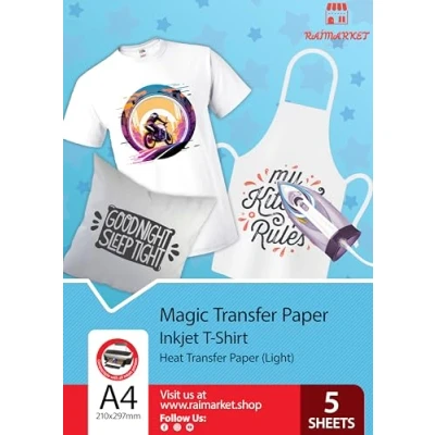 Image of Raimarket Exclusive A4 Inkjet Heat Transfer Paper (5 Sheets), Specially Designed for T Shirts, Advanced Iron On Sheets Light Fabrics, Create Custom Tees &amp; Personalized Gifts with Printable Vinyl